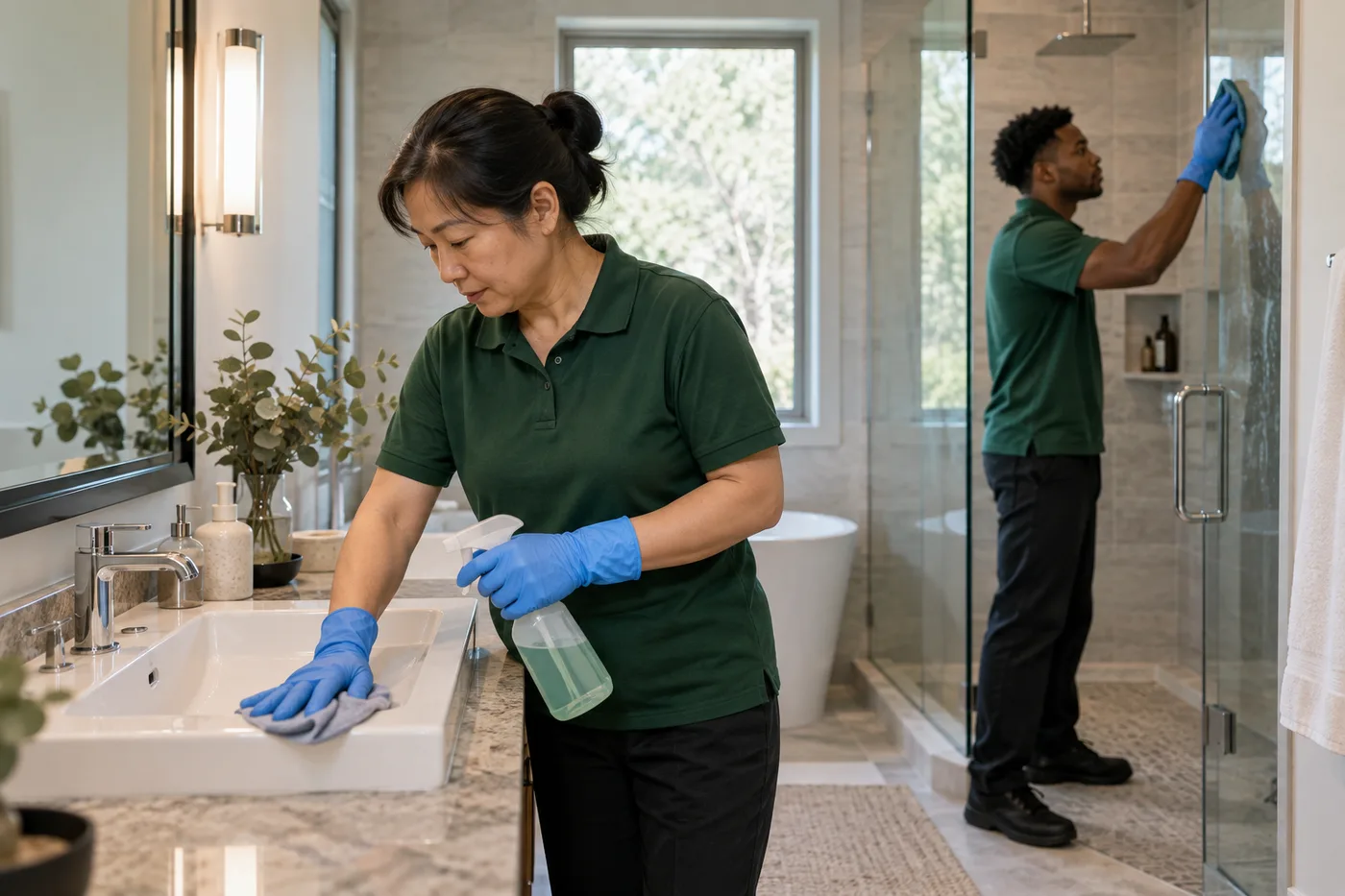 Cleaners wiping bathroom fittings