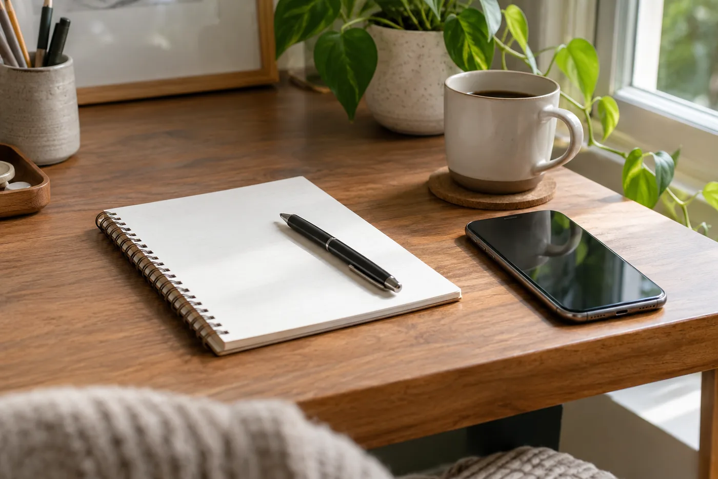 Desk with blank notepad and telephone