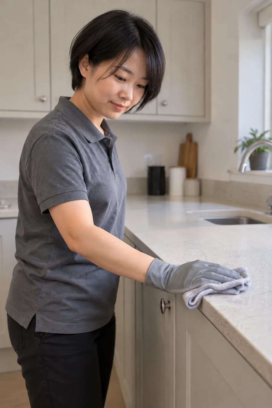 Cleaner wiping the edge of a finished kitchen worktop