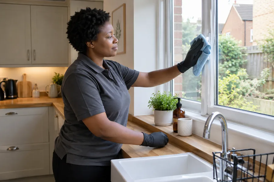 Cleaner wiping accessible interior glass after decorating