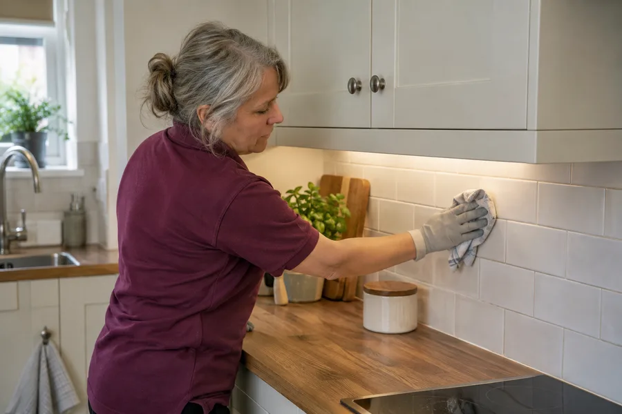 Cleaner wiping a finished kitchen splashback