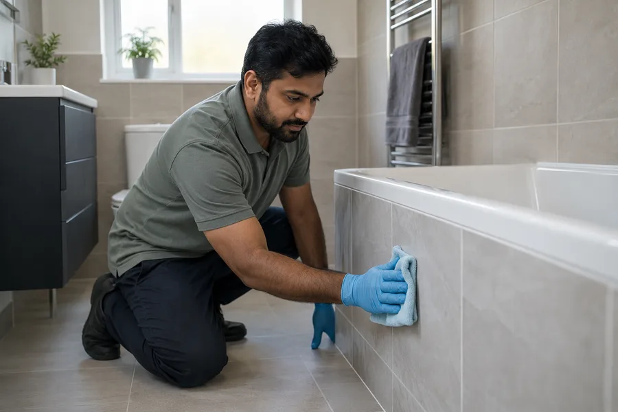 Cleaner wiping a tiled bath edge after refurbishment