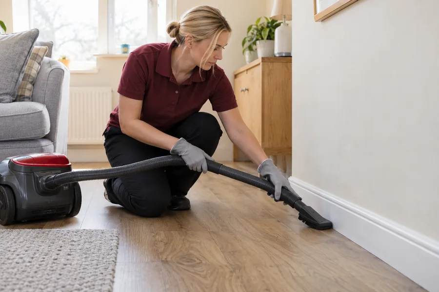 Cleaner vacuuming a hard-floor edge beside skirting