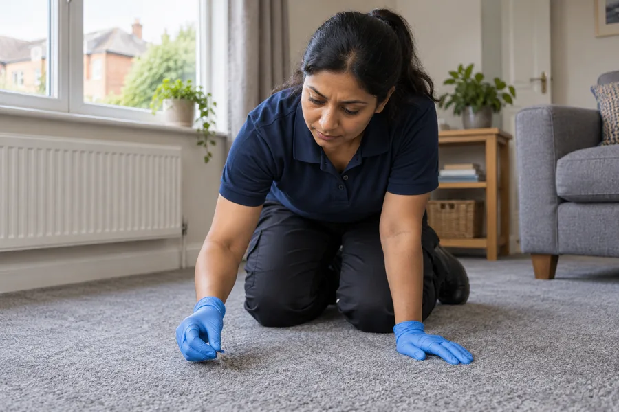 Technician inspecting carpet fibres near a window