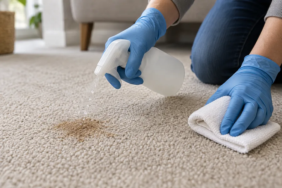 Gloved hand applying spot treatment to a small carpet mark