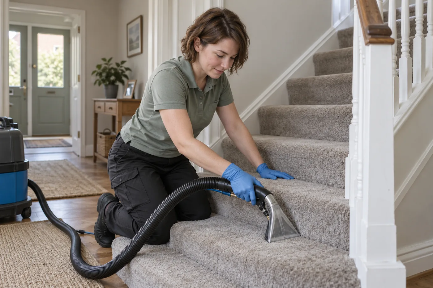 Technician cleaning fitted carpet on a staircase