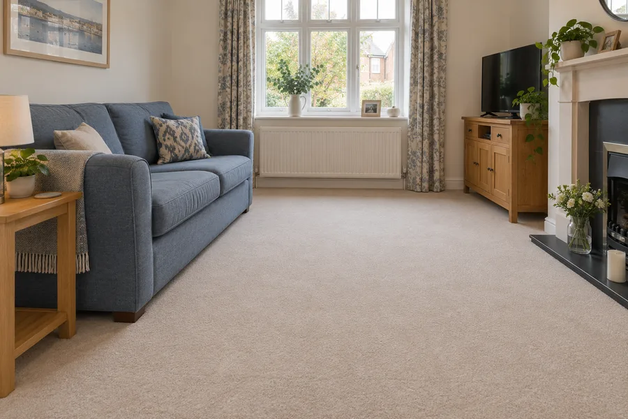 A furnished lounge with a fitted carpet and clear working space