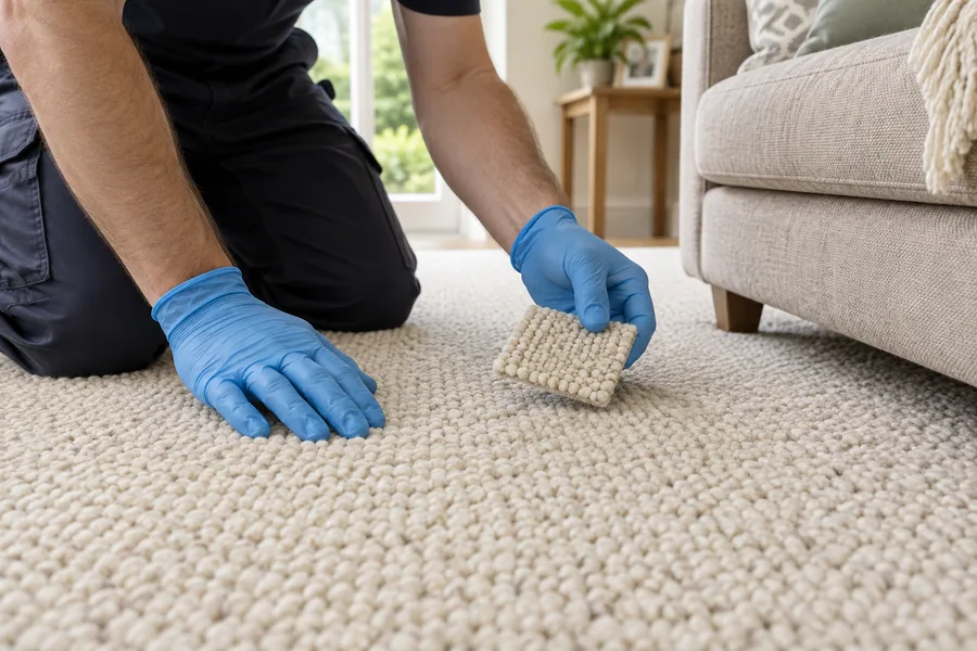 Hands checking a wool carpet sample
