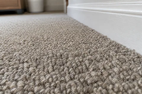 Close view of a textured woven carpet surface