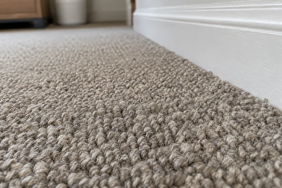 Close view of a textured woven carpet surface