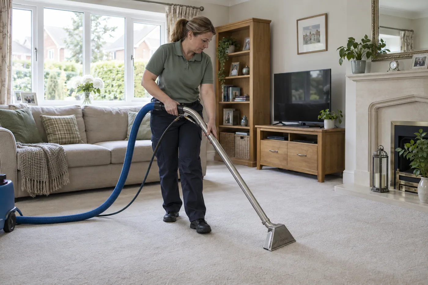 Technician using an extraction wand on fitted carpet