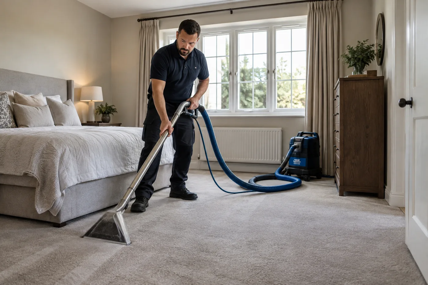 Illustrative image: Cleaning a fitted bedroom carpet