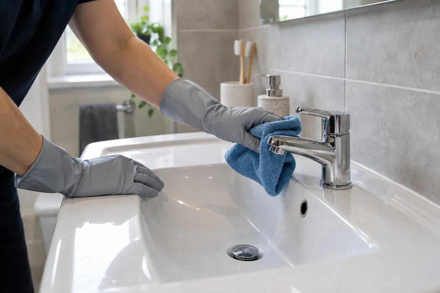 Cleaning a bathroom basin and taps