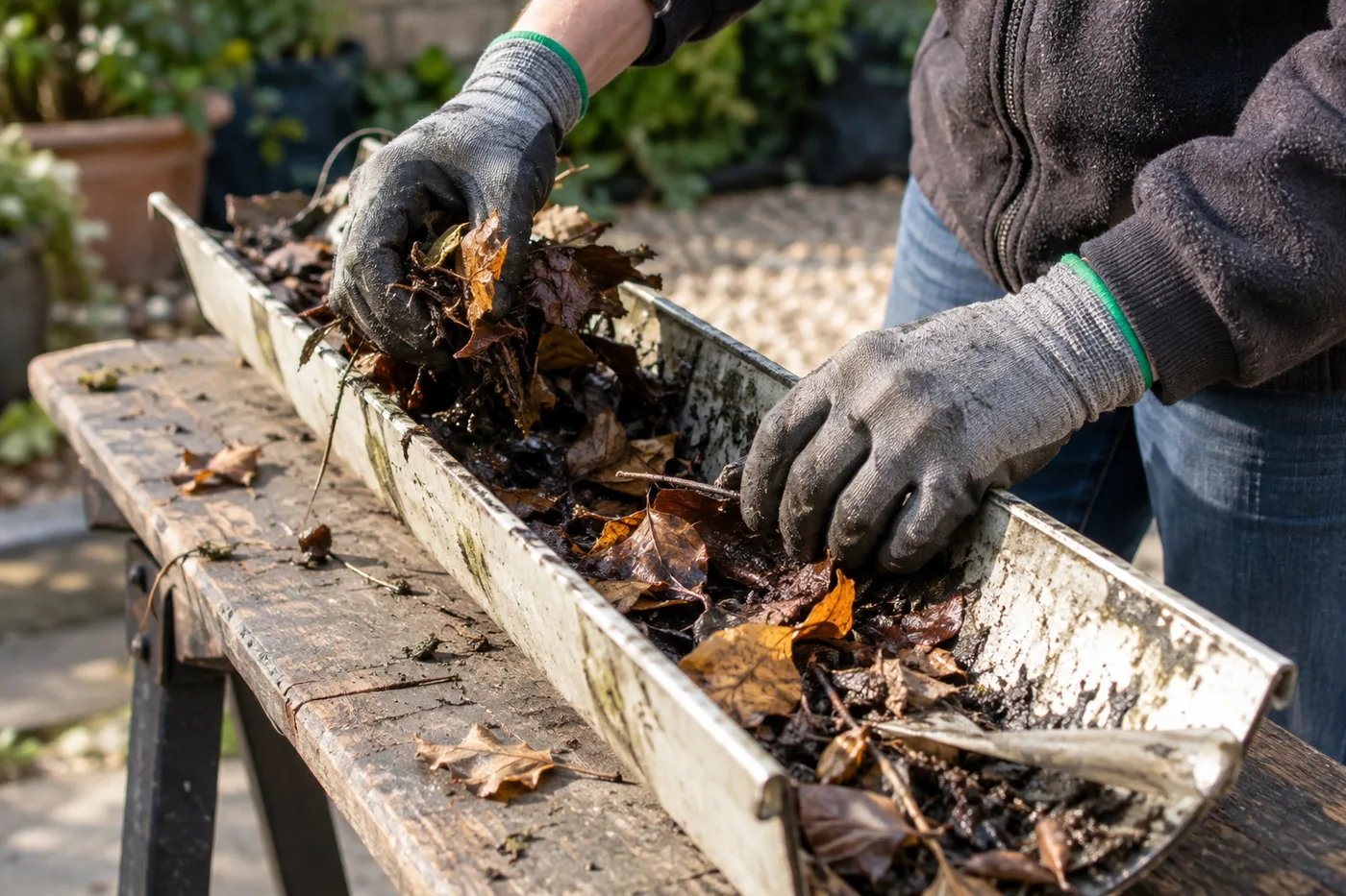 Illustrative image: Removing leaves from a gutter section