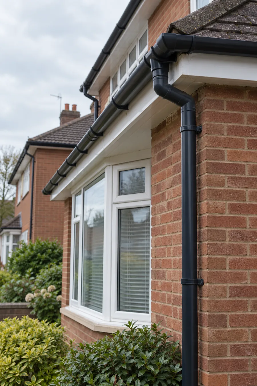 Brick house eaves with gutter and connected downpipe