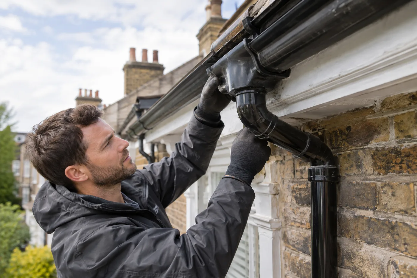 Illustrative image: Rain gutter and downpipe junction
