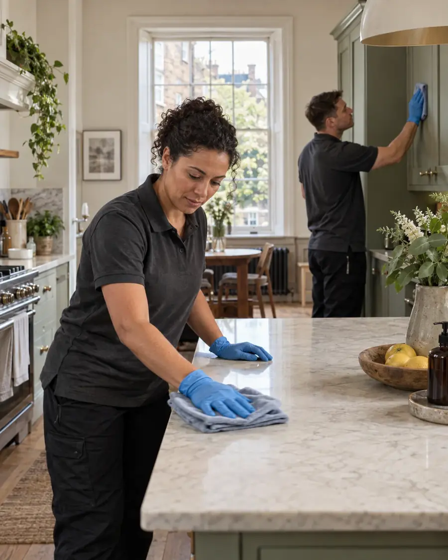 Illustrative image of a cleaning team working in a kitchen