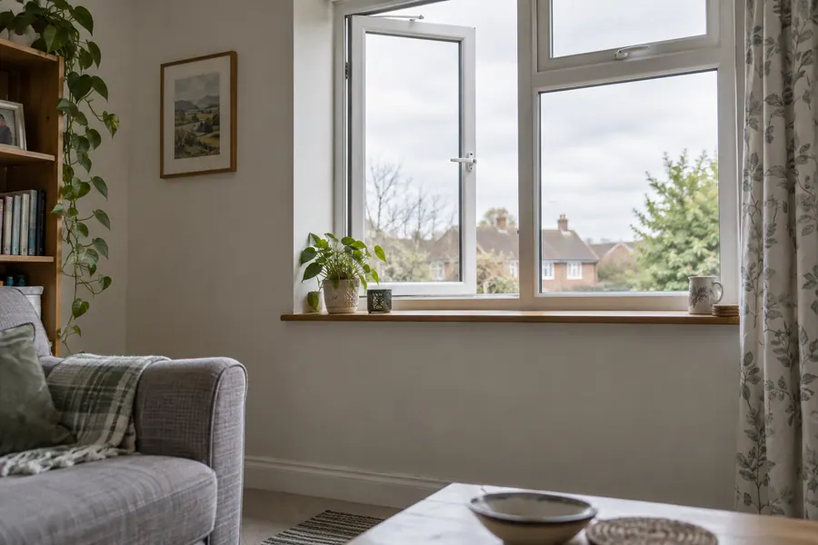 Partly open window in an ordinary sitting room