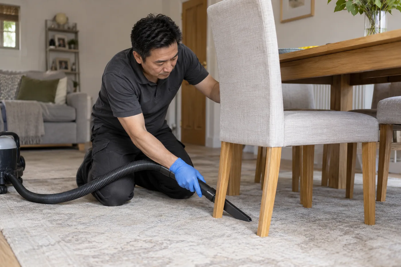 Cleaner removing dust from the accessible floor beside a chair