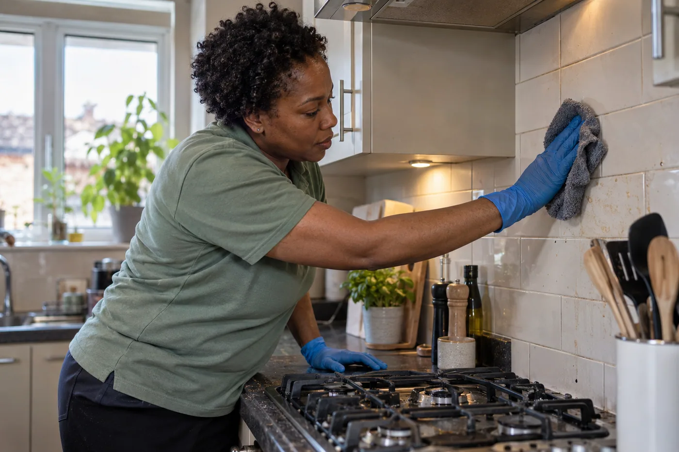 Cleaner wiping grease from a kitchen splashback