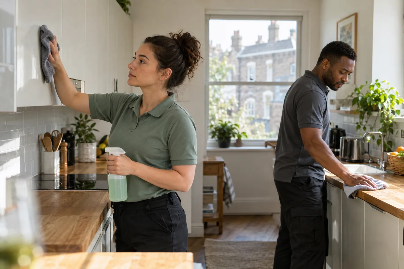 Cleaners working on cupboard fronts and kitchen surfaces