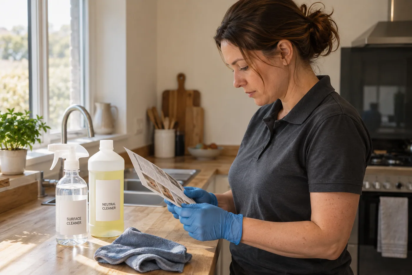 Checking cleaning supplies and surface-care instructions