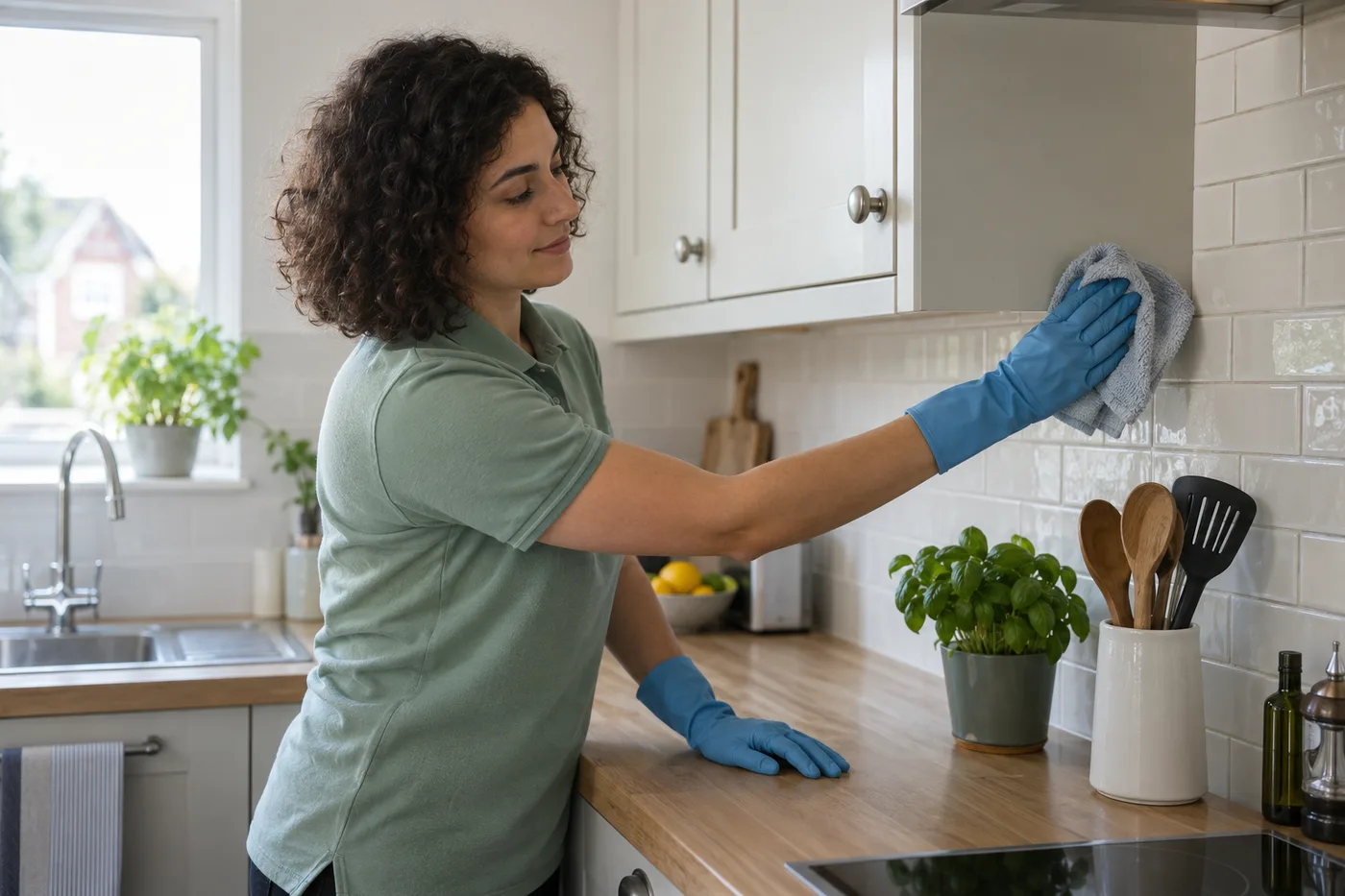 Cleaner wiping a kitchen splashback above the worktop