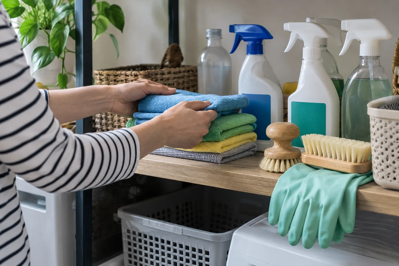 Cleaning cloths, brushes and labelled bottles ready for a deep clean