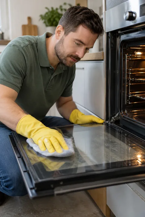 Gloved cleaner wiping the attached oven door glass