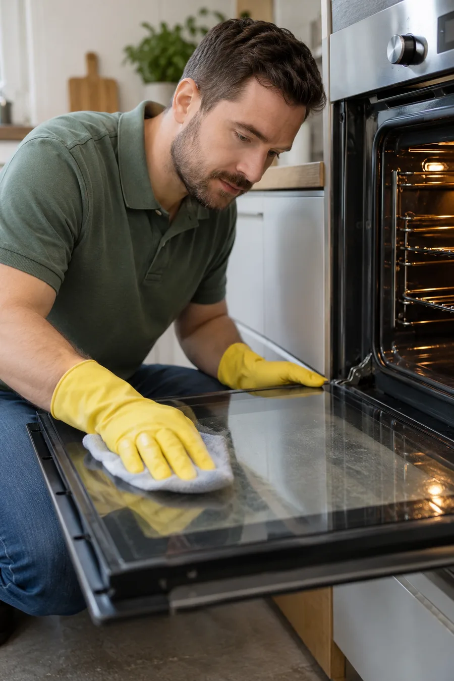 Gloved cleaner wiping the attached oven door glass