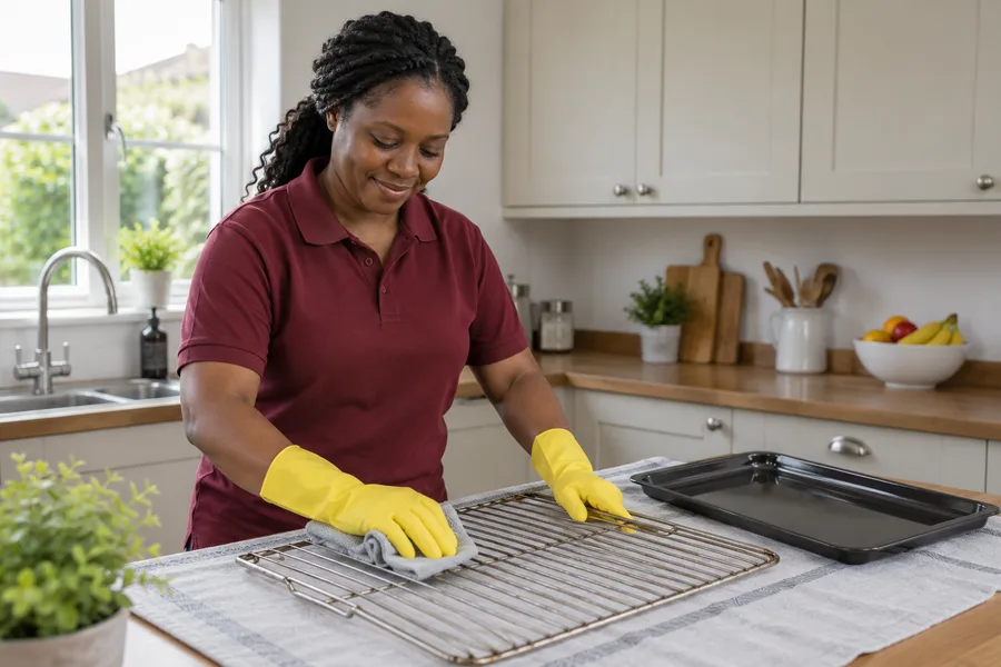 Cleaner wiping an oven rack beside a removable tray