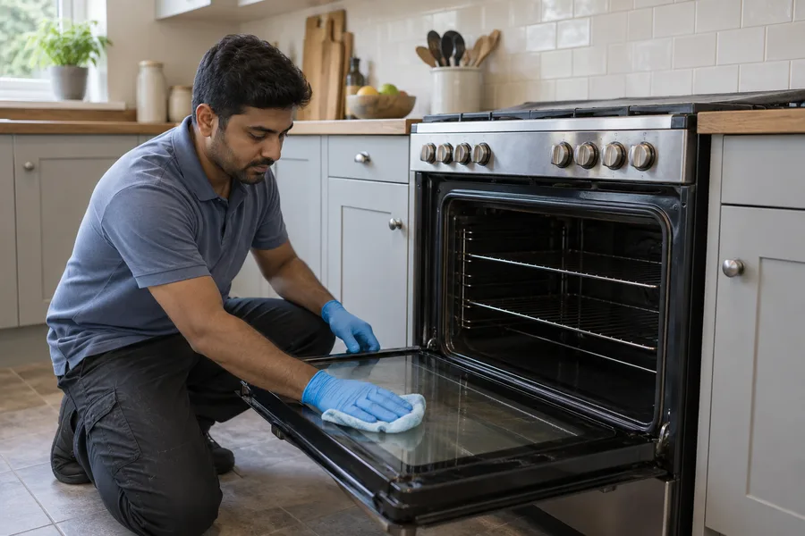 Cleaner wiping the attached door of a range cooker