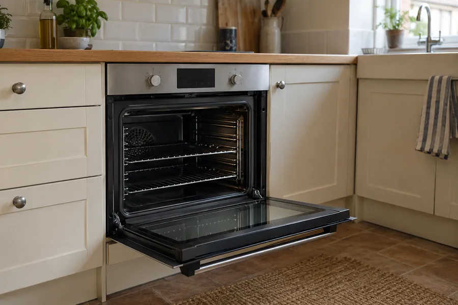 Single oven with its attached door open in a compact kitchen