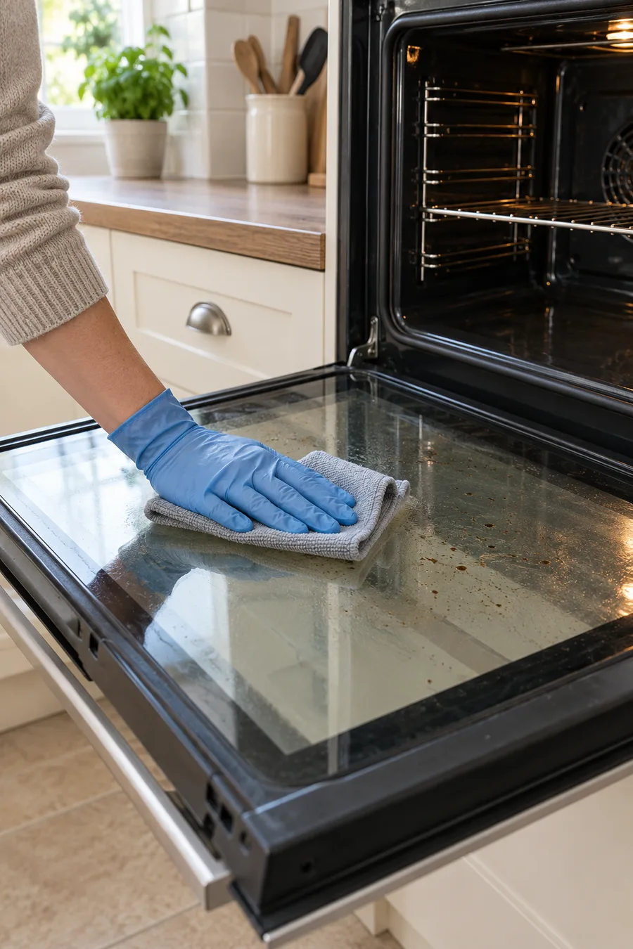 Gloved hand wiping the accessible inner glass of an attached oven door