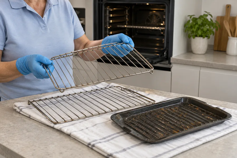 Original oven shelves and a grill pan on a protected kitchen worktop