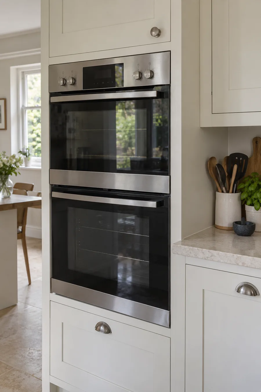 Closed double built-in oven in a bright UK kitchen