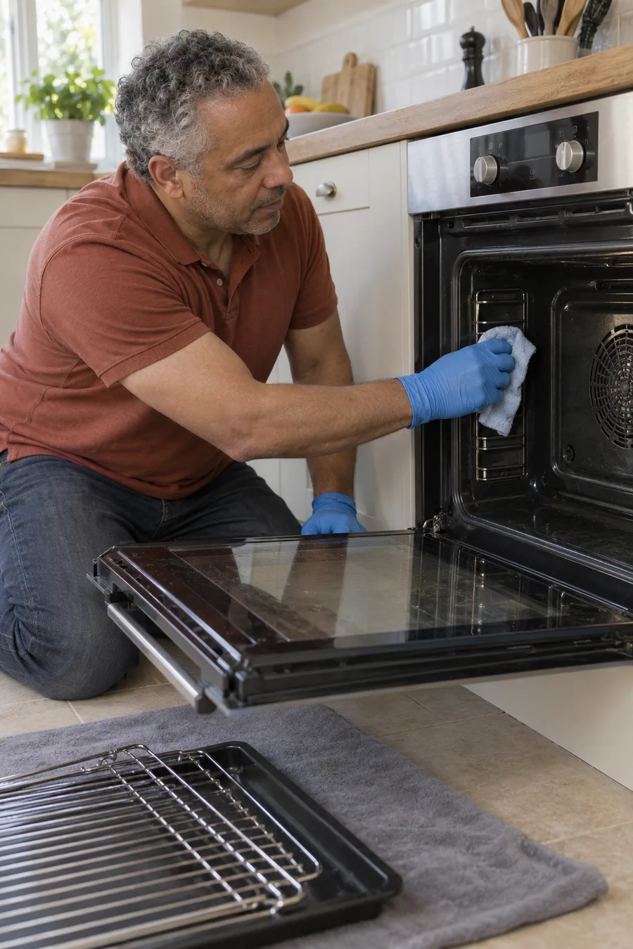 Cleaner wiping accessible surfaces inside a cool single oven