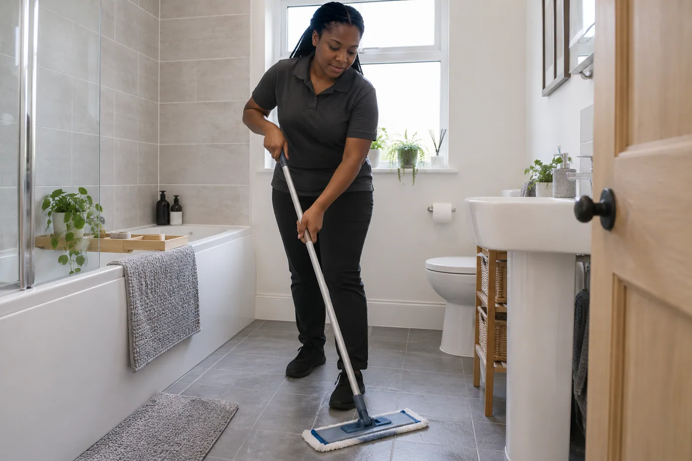 Mopping a bathroom floor