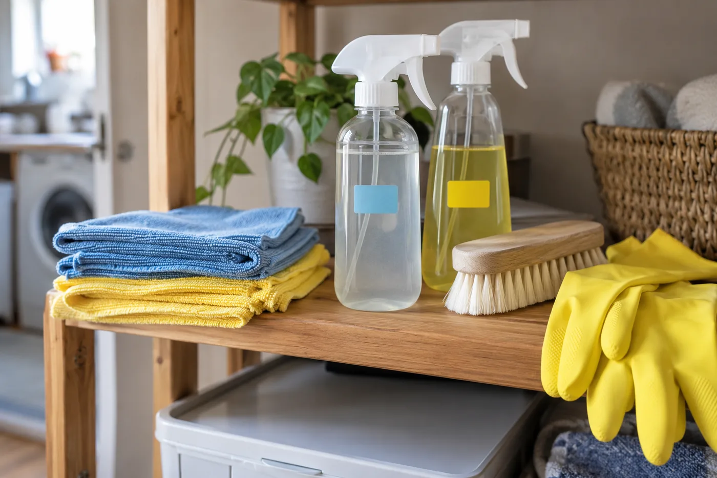 Cleaning bottles, a brush and folded microfibre cloths ready for use