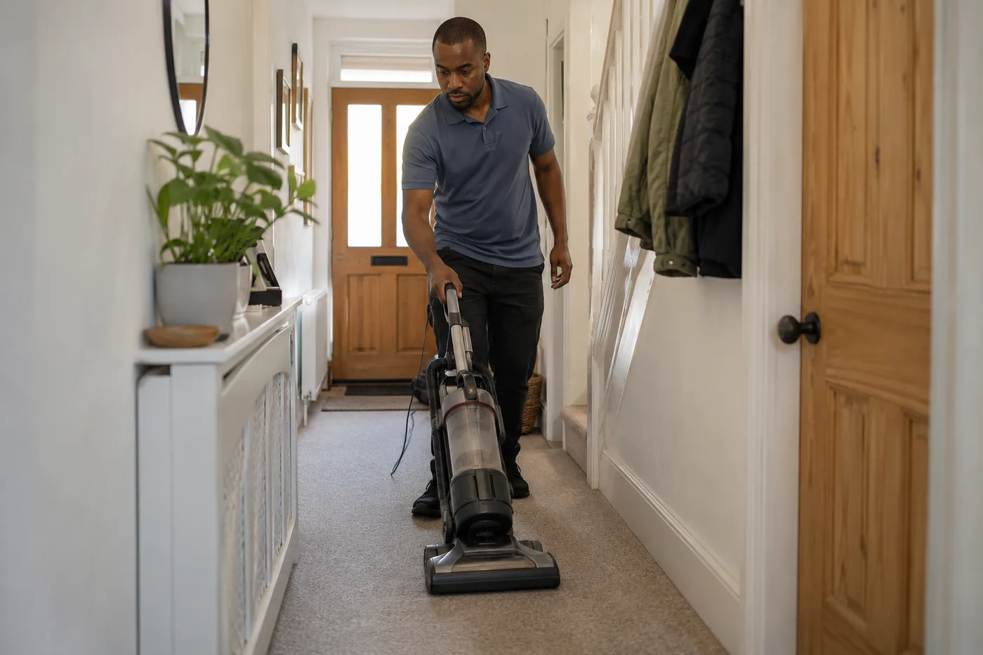 Cleaner hoovering the floor of a domestic hallway