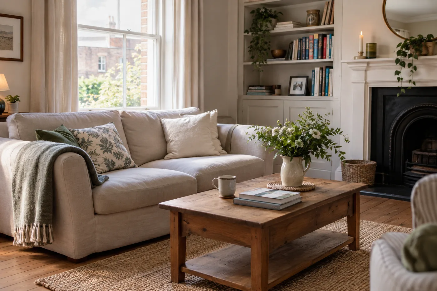 Lived-in sitting room with a sofa, rug and accessible surfaces