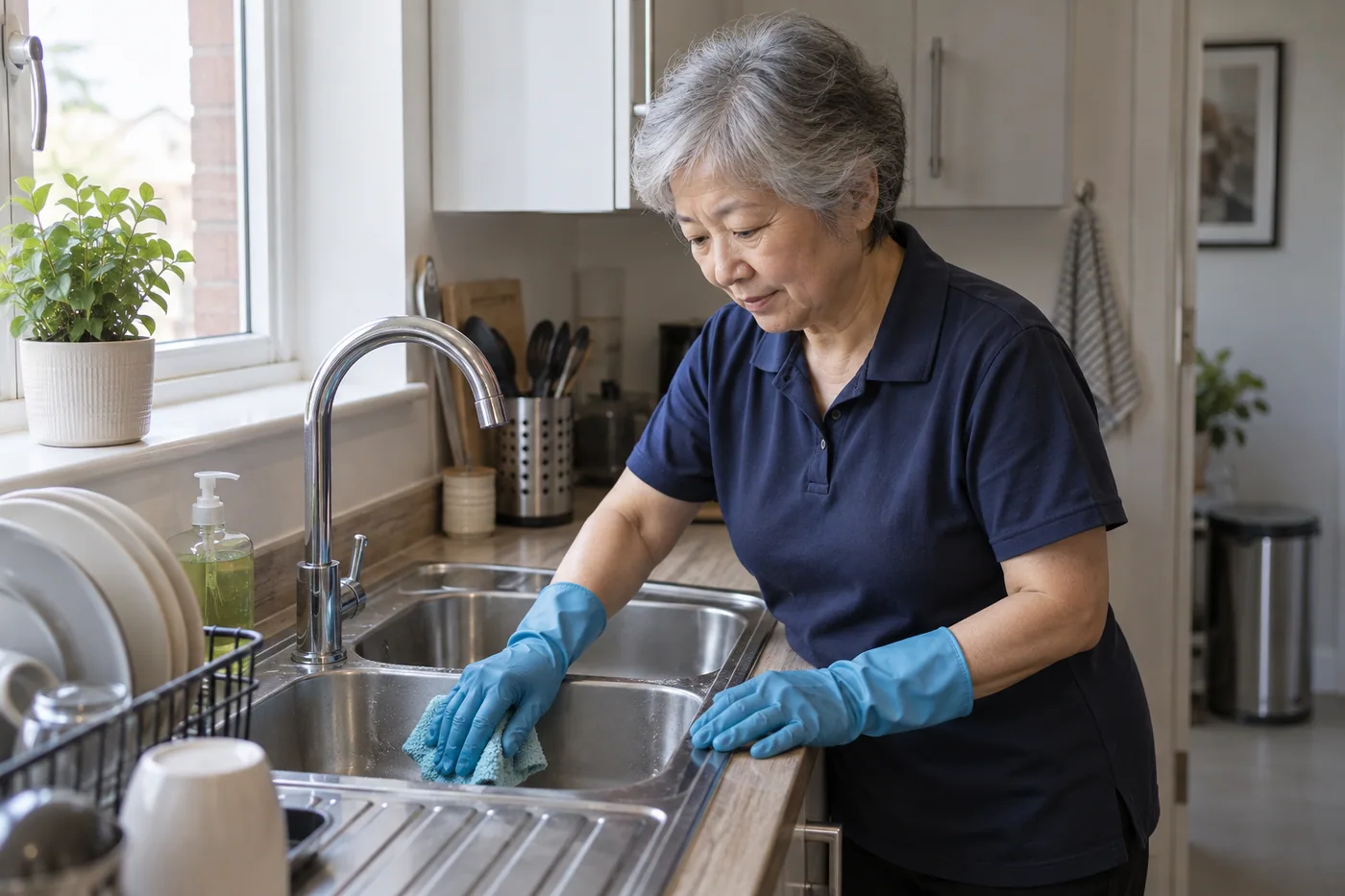 Cleaner wiping a kitchen sink