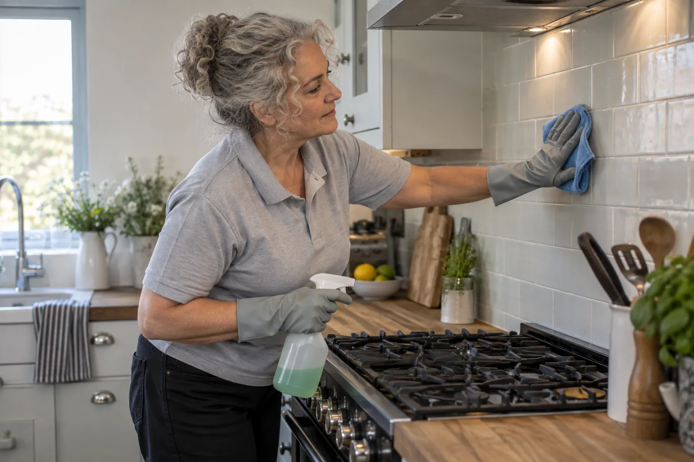 Wiping a tiled kitchen splashback