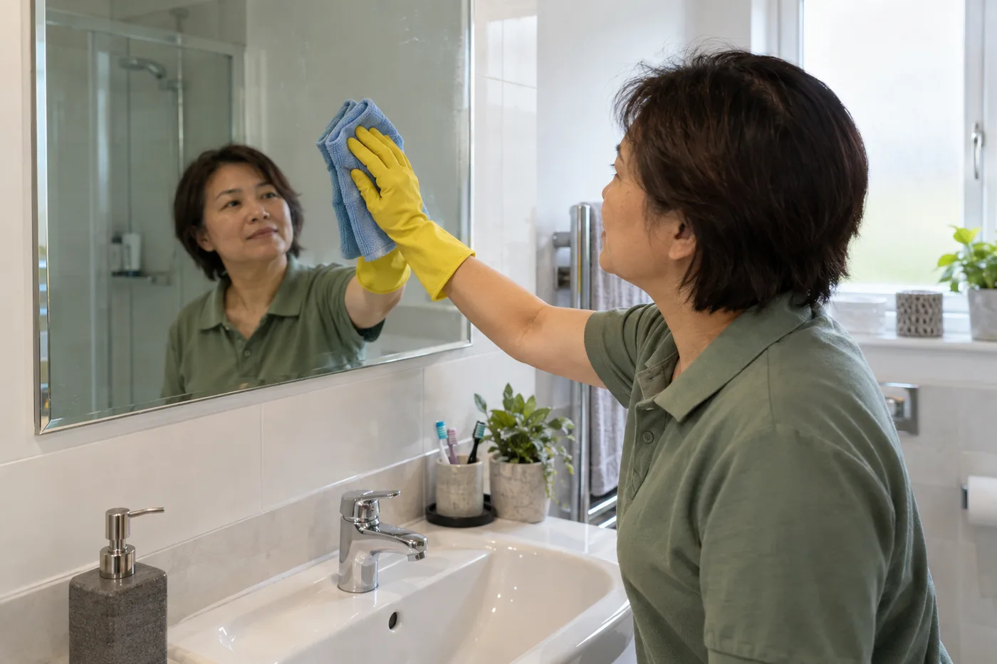 Cleaner wiping a bathroom mirror with a microfibre cloth