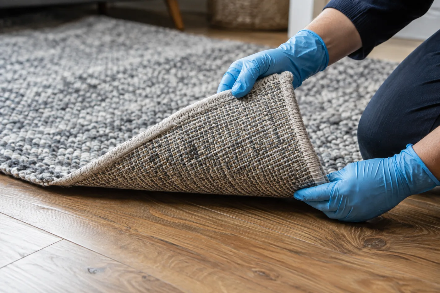 Illustrative image: Inspecting the backing of a loose rug