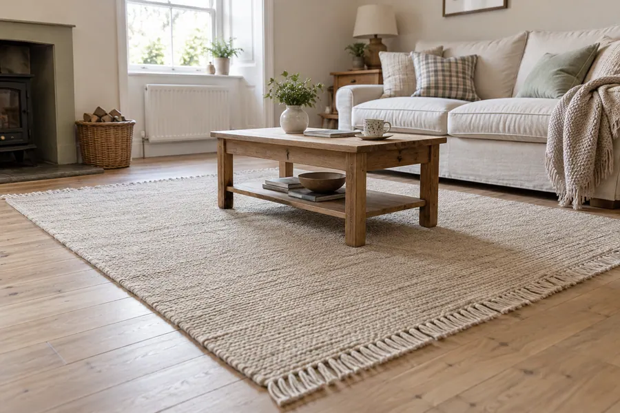 Loose oatmeal area rug on a wood floor in a sitting room