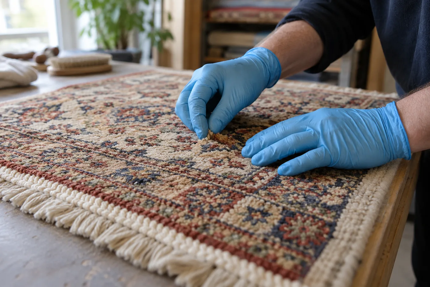 Illustrative image: Inspecting a woven wool rug