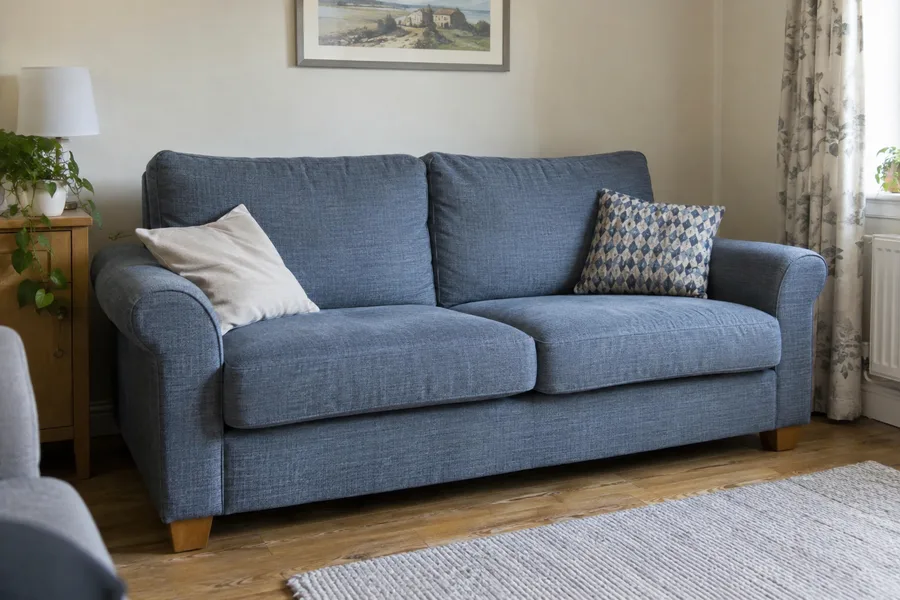 Blue fabric two-seat sofa in a sitting room