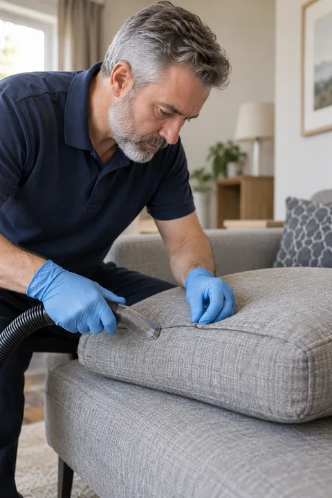 Cleaner treating a fabric sofa cushion with an upholstery tool