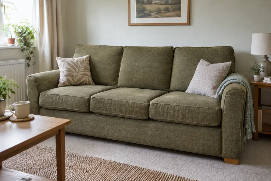 Olive fabric three-seat sofa in a UK lounge